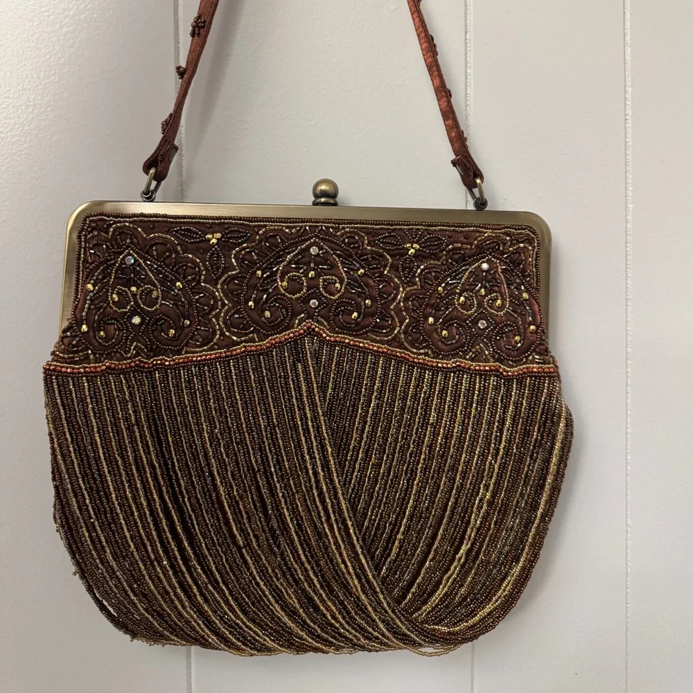 Y2K Bronze Beaded Fringe Clutch Purse Brown Formal Evening Bag Sequin Embroidery - Picture 1 of 7